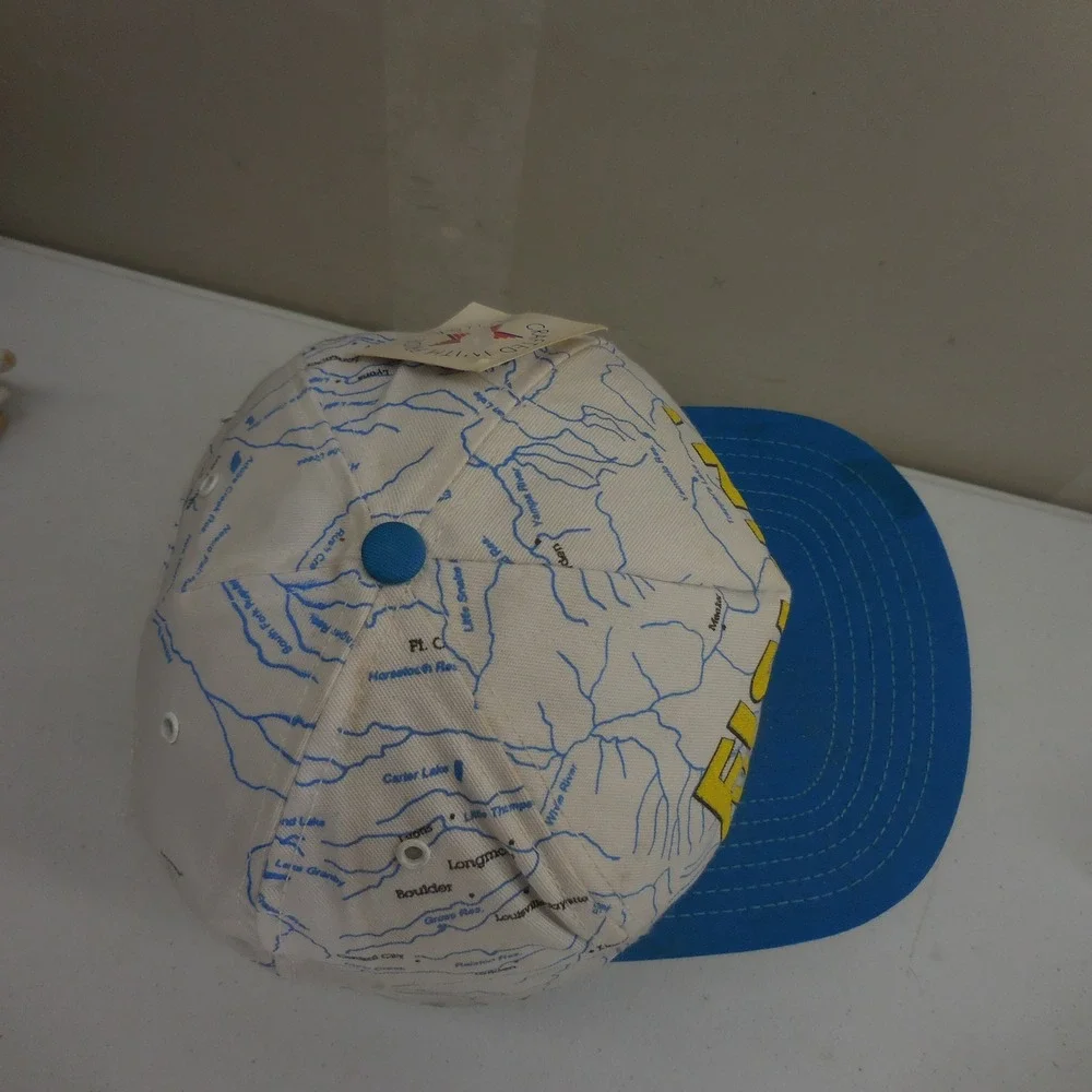 Vintage Fishin Colorado Snapback Hat Map Print Blue White Trucker Cap USA Made